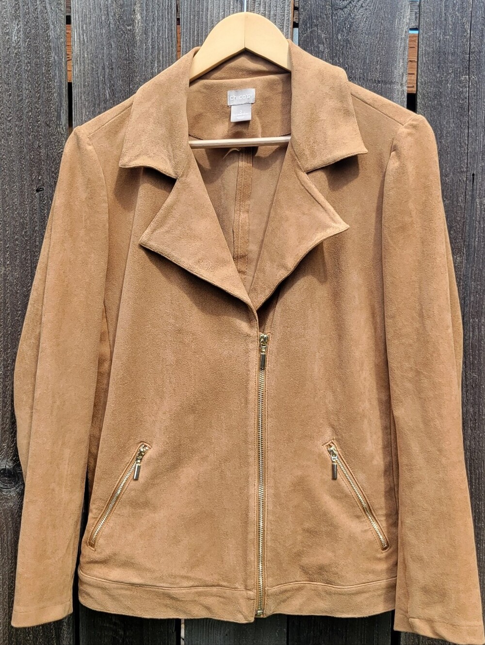 Chico's‎ Faux Suede Zip-Front Women's Moto Jacket in Tan Sz 12/14
